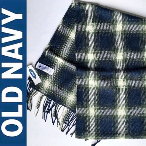 NEW OLD NAVY Plaid Neck Scarf Fringed Hems Blue Green 76” x 13” Men’s UNISEX - Picture 1 of 12